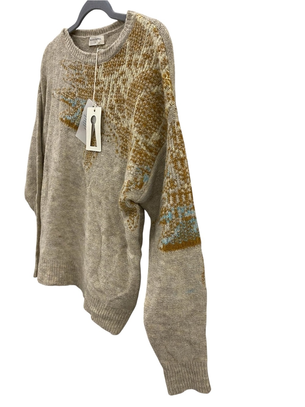 Neutral Maison Hotel Fair Isle Crewneck Sweater with Mustard Accents